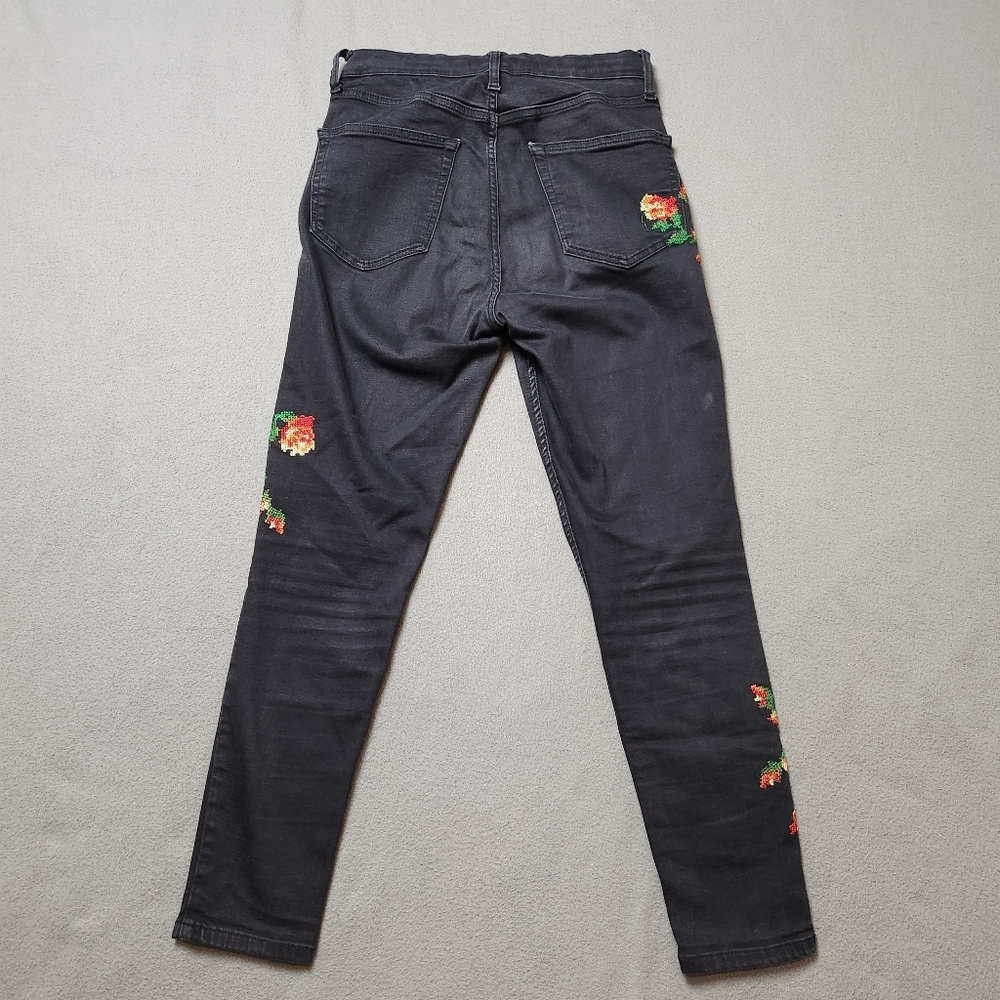 Topshop Jamie High Waisted Embroidered Roses Black Cropped Stretchy Jeans 30 - Picture 2 of 14